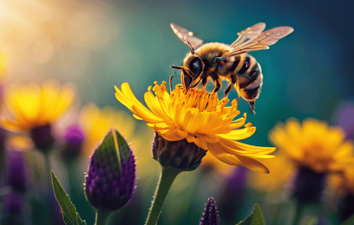 An image capturing the mysticism of bees: A solitary bee, wings glistening in ethereal sunlight, hovers above a vibrant bouquet of blooming wildflowers, radiating a sense of harmony and sacred connection