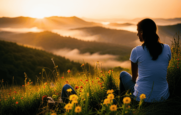 An image portraying a serene, golden sunrise with a solitary figure sitting cross-legged on a misty mountaintop, surrounded by vibrant wildflowers, as beams of light illuminate their peaceful face