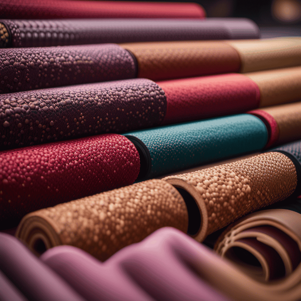 An image showcasing a variety of hot yoga mats made from natural rubber, polyurethane foam, and cork surface