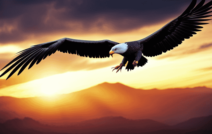 An image of a majestic eagle soaring through a vibrant sunrise, its wings outstretched, as beams of golden light illuminate its feathers, symbolizing the connection between birds and spiritual enlightenment