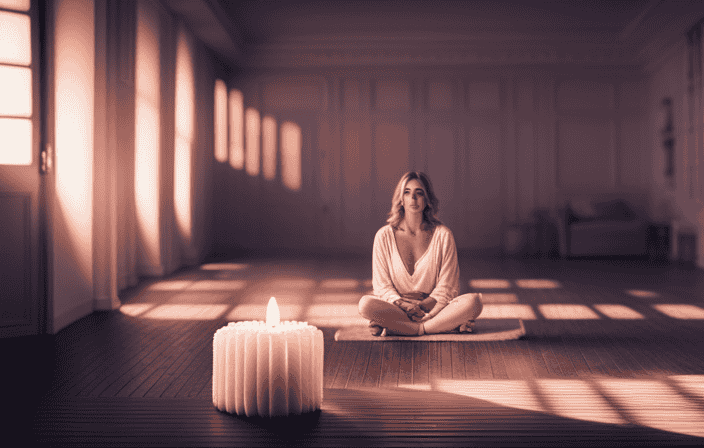 the serene beauty of a sun-kissed room adorned with flickering candles, as a person sits cross-legged on a plush meditation cushion, eyes closed, basking in the tranquil morning glow