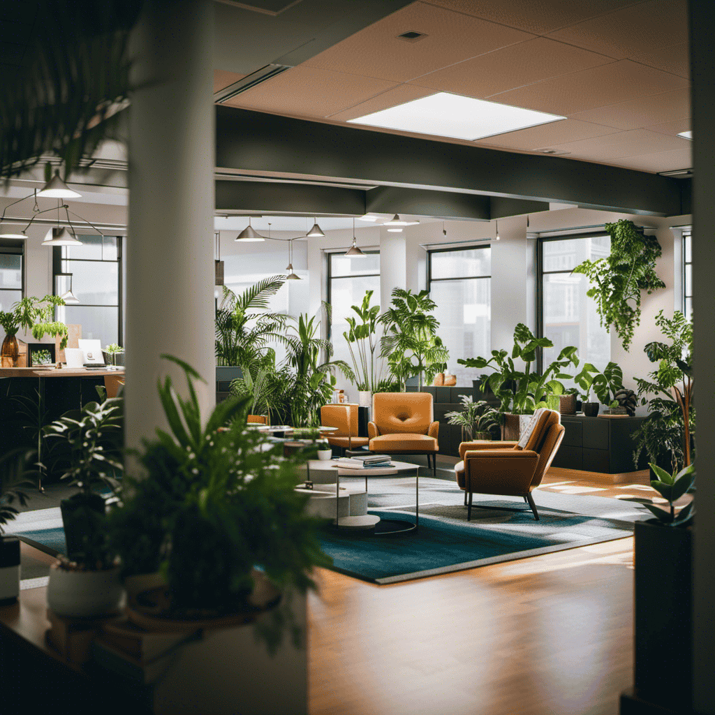 An image showcasing a vibrant office space with natural light flooding in, featuring a variety of plants, a cozy reading nook, a communal brainstorming area, and employees engaged in stimulating activities that promote growth and well-being