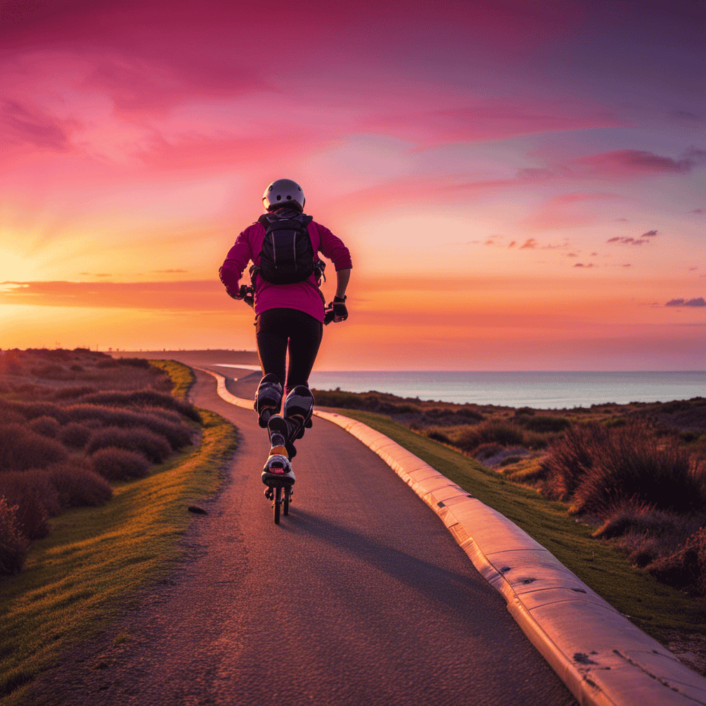 An image depicting a rollerblader gliding effortlessly along a scenic coastal path, muscles engaged, with a backdrop of vibrant sunset hues illuminating the vast expanse of the horizon, symbolizing the enhanced endurance and distance achieved through rollerblading