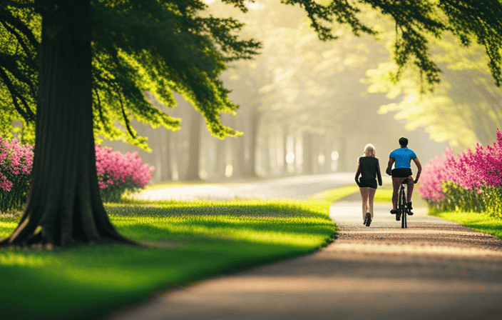 An image that captures the tranquility of a scenic cycling path, with a serene walker surrounded by lush greenery and blooming flowers