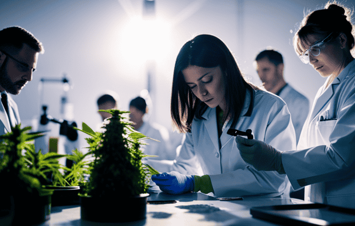 An image depicting a serene, sun-drenched laboratory scene with scientists in white lab coats carefully extracting compounds from cannabis plants, as a symbol of hope and potential breakthroughs in cancer research