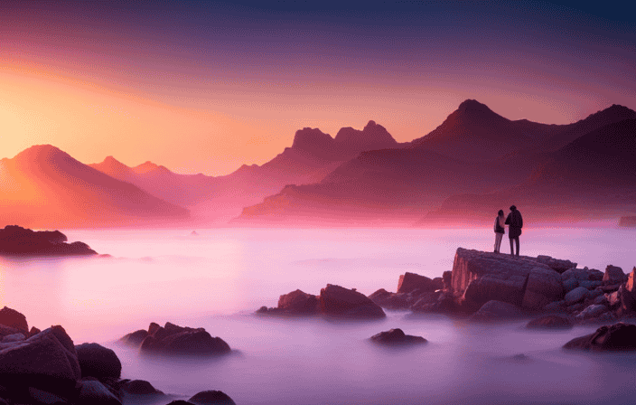 An image of a mesmerizing sunset, where vibrant hues of pink, purple, and gold blend seamlessly, casting a soft glow on a serene landscape, inviting readers to discover the enchanting beauty of auras through their digital cameras