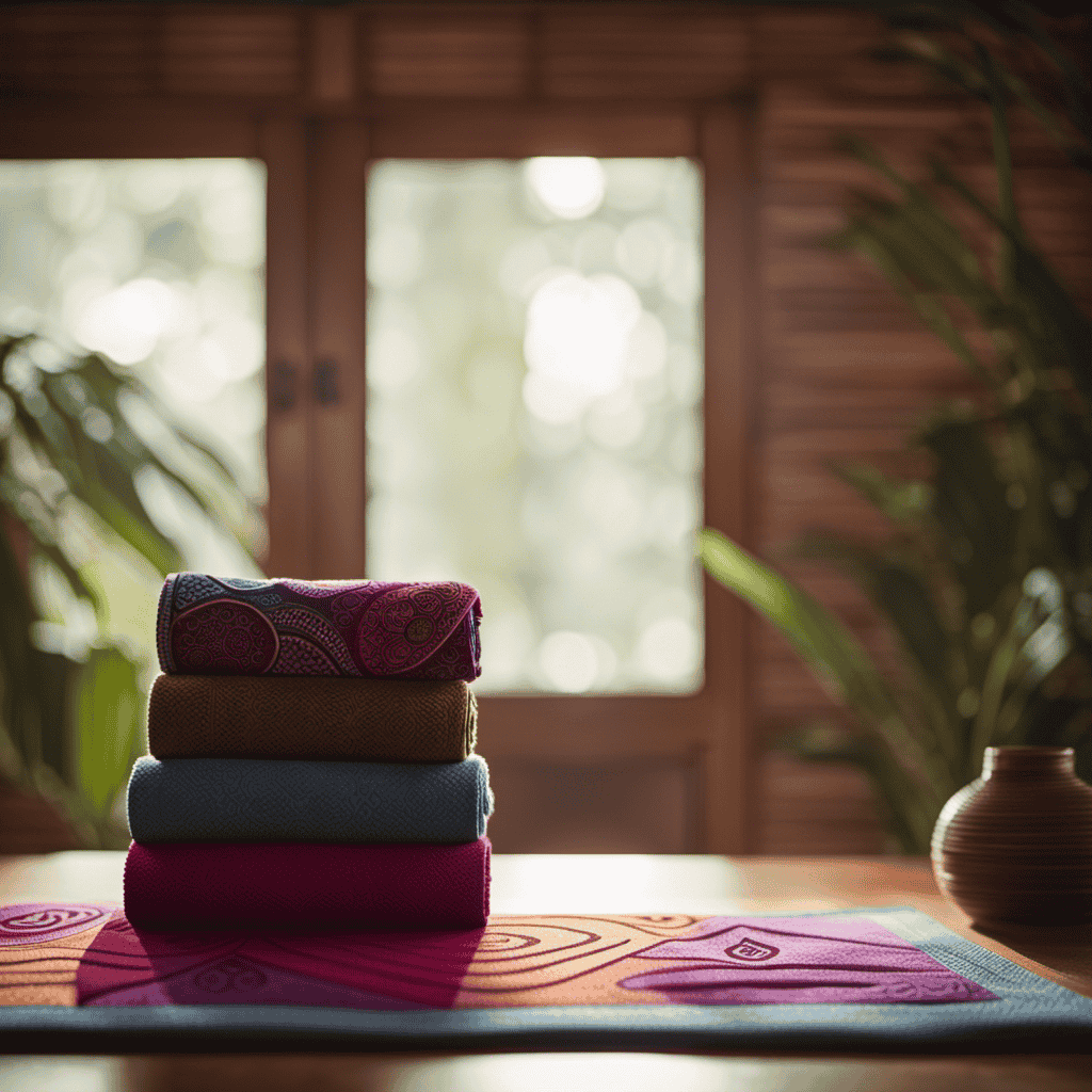 An image showcasing a serene yoga studio, where a yogi gently unfolds a soft, absorbent towel embellished with vibrant patterns