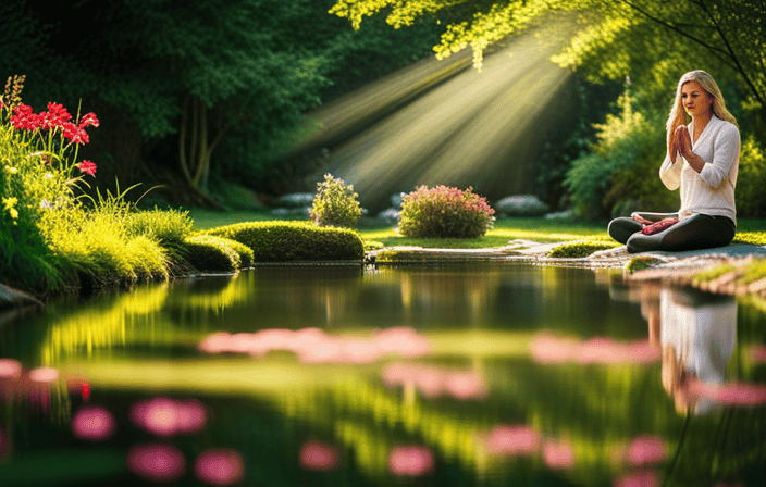 An image showcasing a serene, sunlit garden with a flowing stream, where a figure kneels in prayer, radiating a deep sense of inner peace and connection with a divine presence