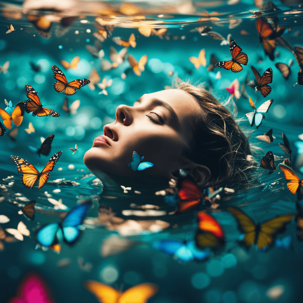 An image of a person submerged in a vast ocean, struggling to breathe, while colorful butterflies emerge from their mouth, symbolizing suppressed dreams and their journey towards self-discovery