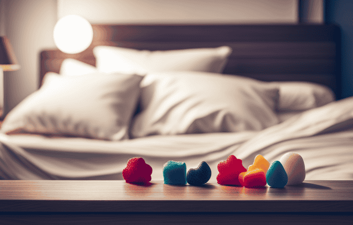 An image showcasing a serene bedroom scene, with a nightstand adorned with an assortment of sleep gummies in vibrant colors, highlighting their delicious flavors and differentiating brands