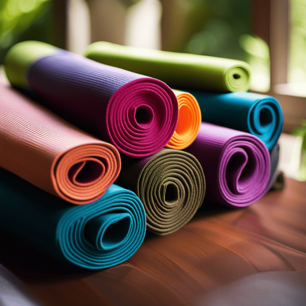 An image depicting a diverse range of vibrant, eco-friendly yoga mats neatly arranged against a serene backdrop of lush greenery, inviting readers to explore the world of affordable yet high-quality yoga mats