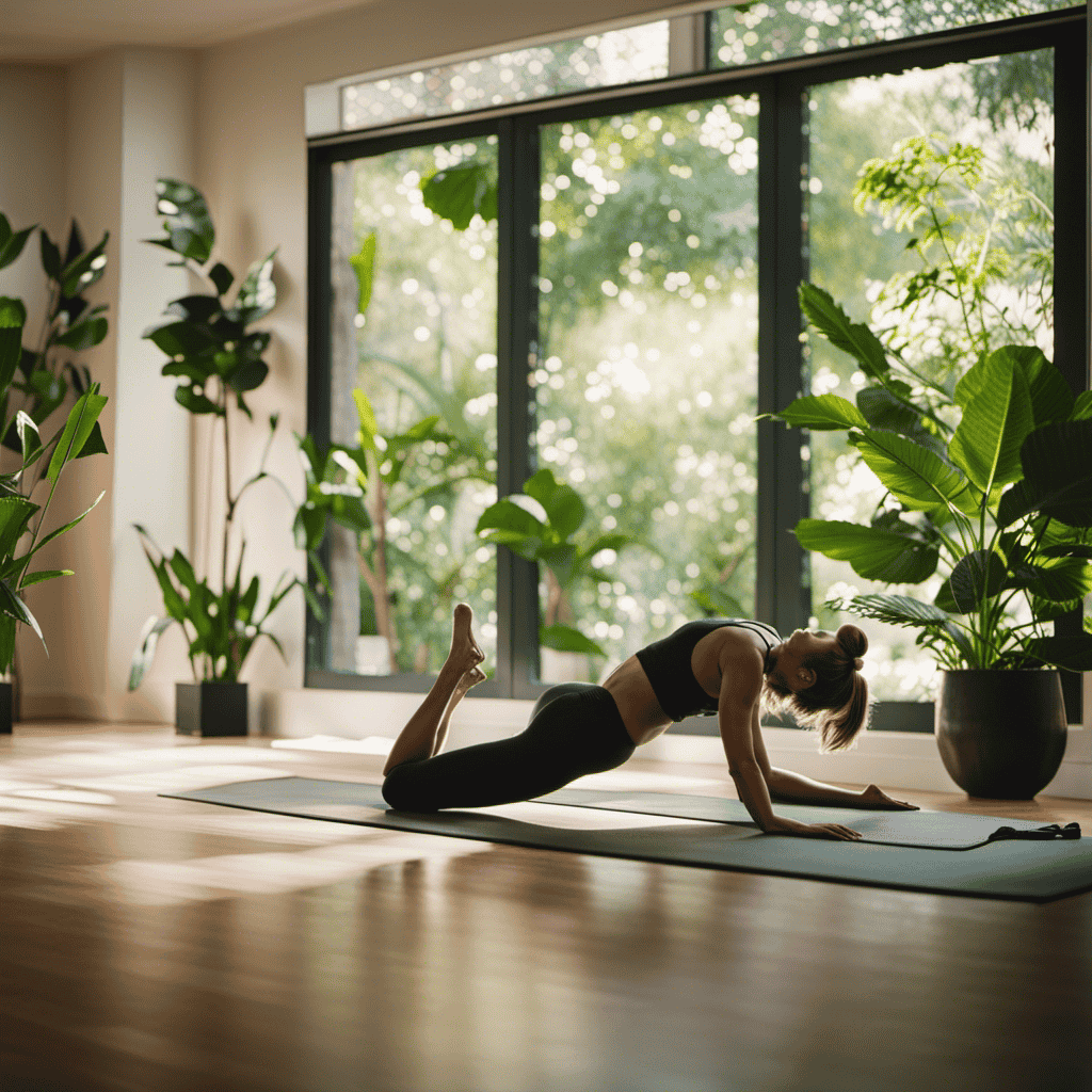 An image showcasing a serene yoga studio, bathed in soft natural light, with a camera mounted on a tripod capturing the graceful flow of a yogi, perfectly framed against a backdrop of lush greenery