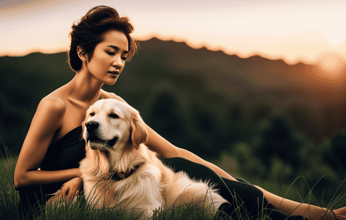 An image showcasing a person with anxiety, sitting cross-legged on a grassy hill, while a serene, gentle Golden Retriever nestles close, offering comfort