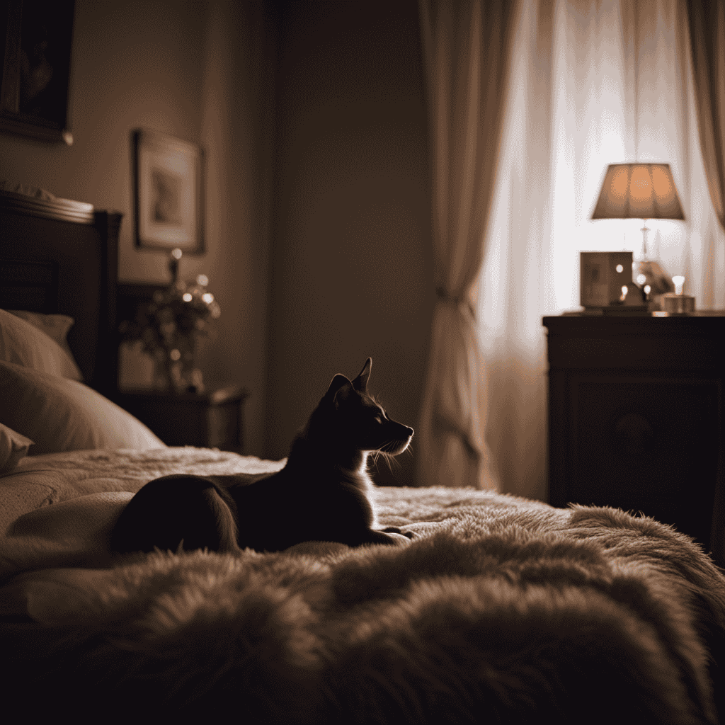 An image that depicts a serene moonlit bedroom, where a sleeping person is visited by their beloved departed pet, who softly nuzzles their hand