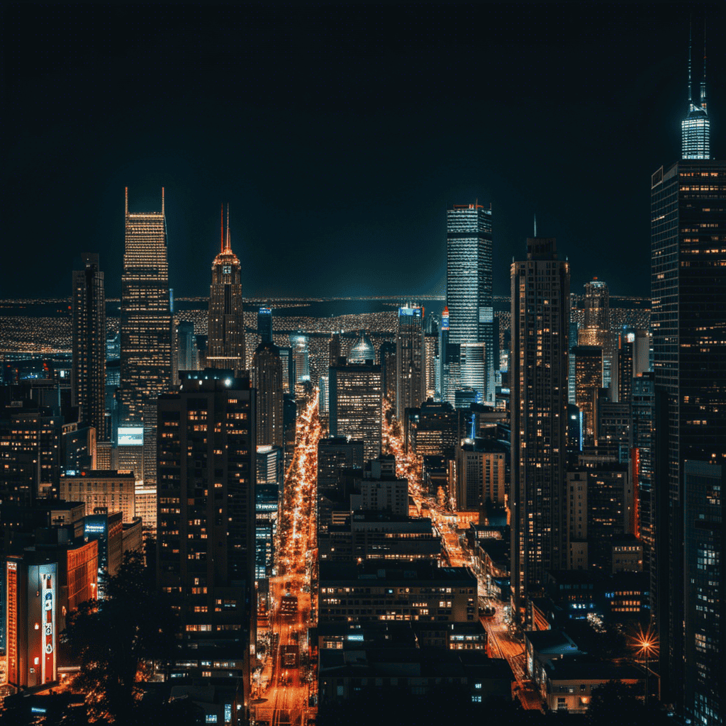 An image that captures the contrasting beauty and chaos of a city skyline at night, with bright lights shining through the darkness, towering buildings reaching towards the sky, and the hum of traffic below