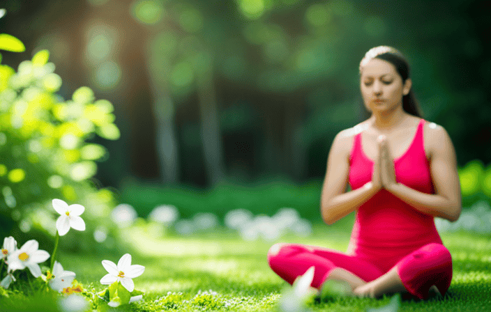 An image of a person meditating in a serene garden, surrounded by blooming flowers and lush greenery
