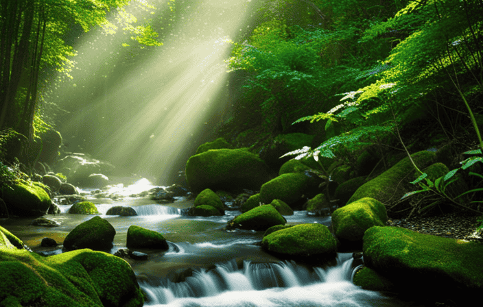 an image capturing the serenity of a tranquil forest stream, surrounded by lush green foliage, where sunlight filters through the leaves, inviting viewers to connect with nature's healing power and find inner balance
