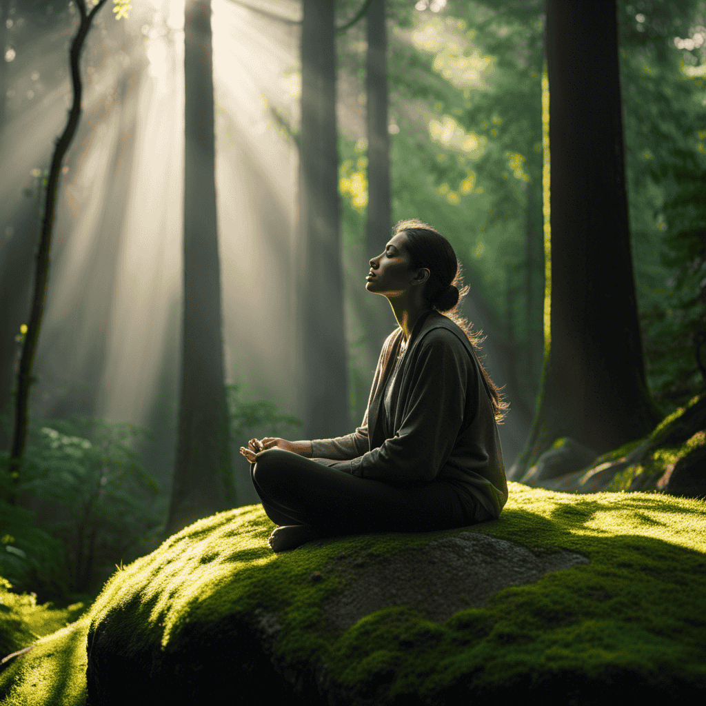 An image capturing a serene scene of a person sitting cross-legged on a moss-covered stone, surrounded by a lush forest