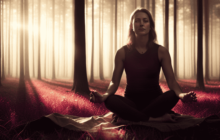 An image of a serene, sunlit forest clearing with a person sitting cross-legged, eyes closed, surrounded by ethereal colors radiating from their body