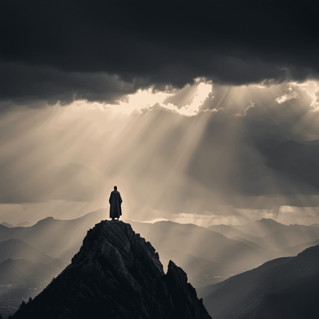 An image depicting a solitary figure standing atop a towering mountain peak, with rays of radiant light piercing through ominous storm clouds, symbolizing triumph over spiritual struggles as darkness disperses into the distance