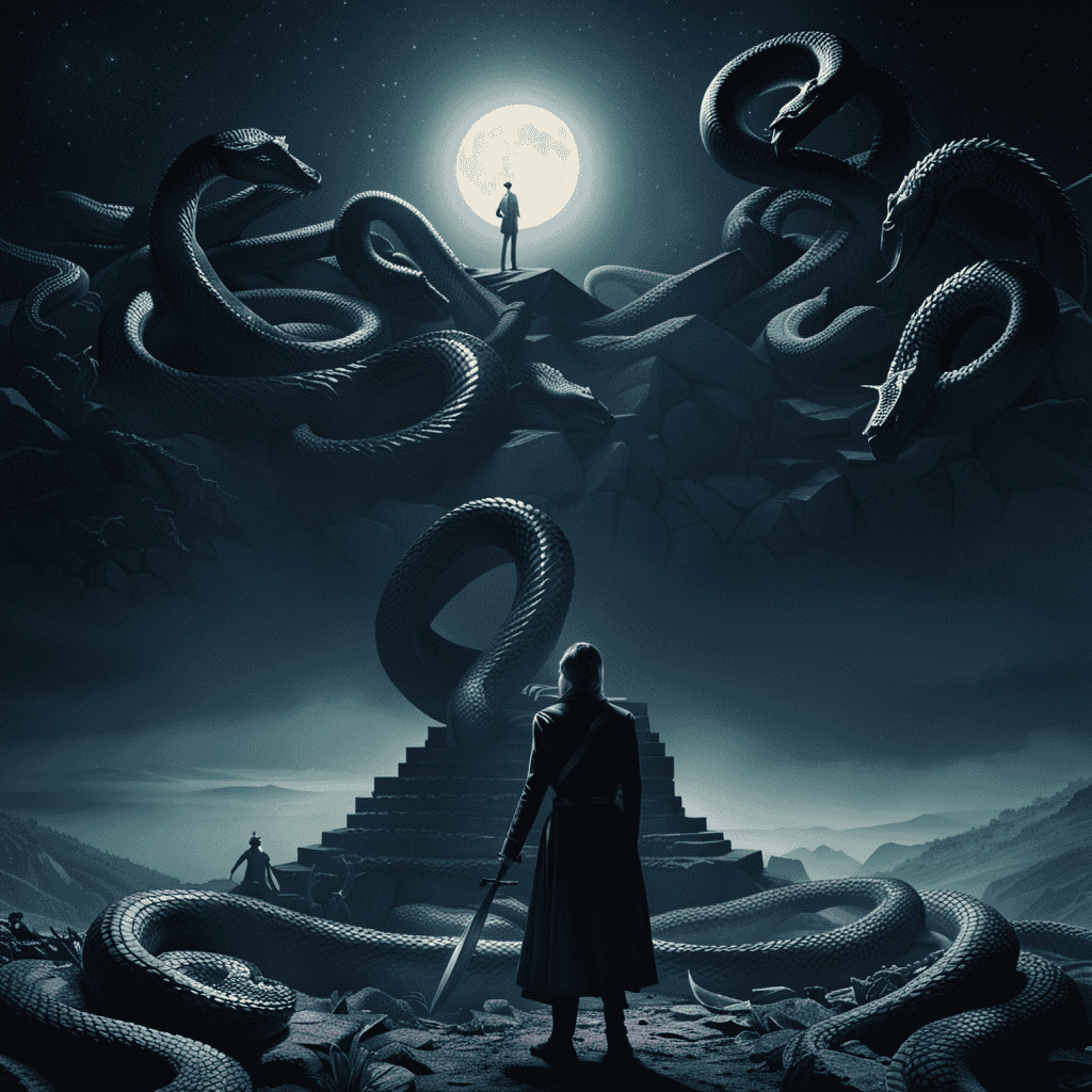 An image depicting a dreamer standing valiantly upon a mound of severed snake heads, bathed in ethereal moonlight; the glinting sword, a symbol of triumph, raised high above their head