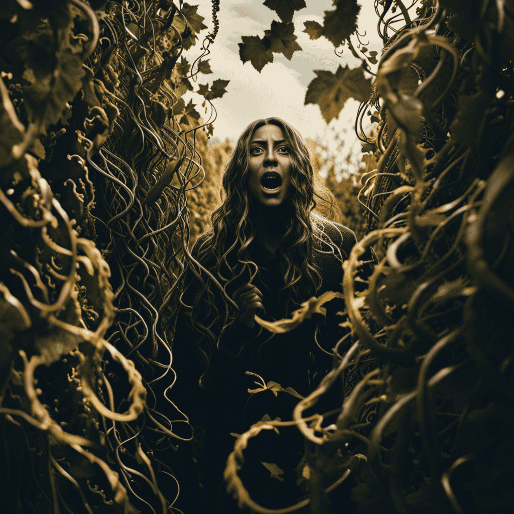 An image of a person surrounded by swirling, suffocating vines, their face contorted in fear, desperately gasping for air as their hands claw at the constricting foliage