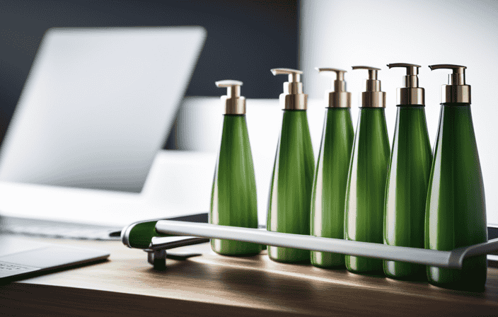 An image showcasing a modern bathroom shelf with neatly organized Aura Shampoo bottles