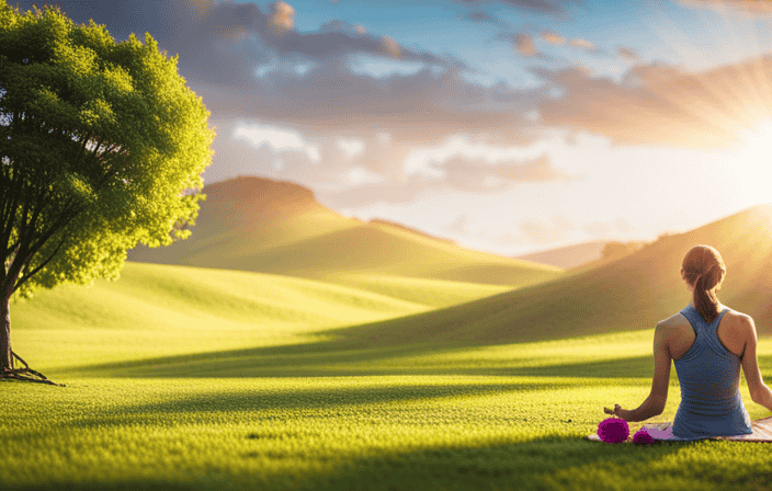 An image that captures the essence of coping with stress: a serene, sunlit park with a solitary figure practicing yoga under a tree, surrounded by vibrant flowers and a gentle breeze