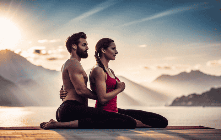 An image showcasing a couple gracefully practicing a yoga pose together, their bodies intertwined in a challenging yet harmonious form, emanating strength, connection, and vitality