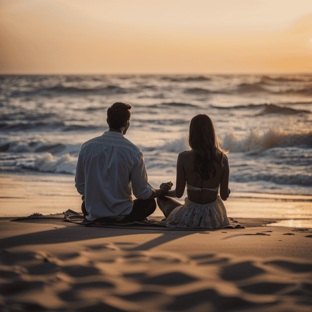 An image showcasing a serene couple seated cross-legged on a beach at sunset, their eyes closed, hands gently touching, absorbed in a blissful meditation practice as the gentle waves crash against the shore