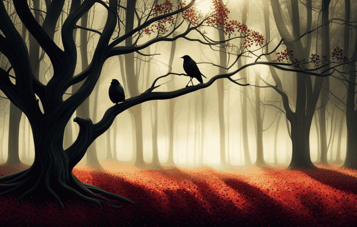 An image capturing the ethereal essence of crows: a mystical tree stands tall, adorned with vibrant leaves, as a gathering of elegant crows perches upon its branches, their dark feathers shimmering in the dappled sunlight