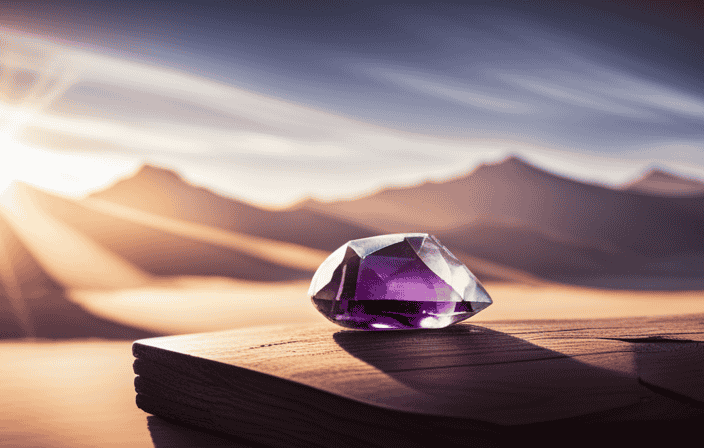 An image showcasing a vibrant amethyst crystal resting on a wooden desk, surrounded by scattered rose quartz stones