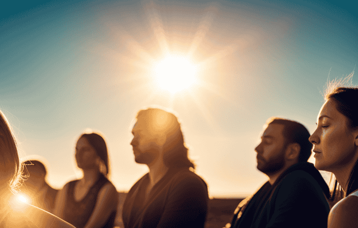 An image showcasing a diverse group of individuals sitting in a serene circle, their eyes closed and faces calm, surrounded by soft, golden light, symbolizing unity and the transformative power of meditation