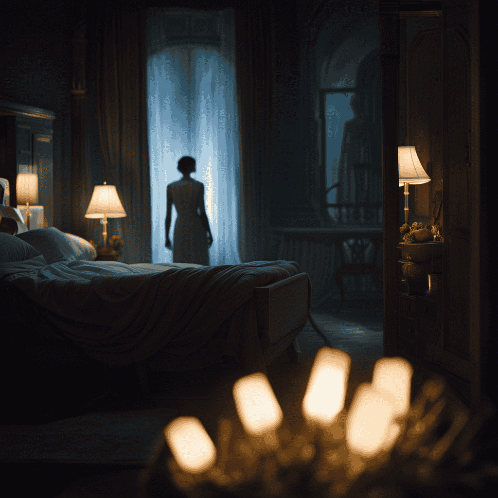 An image that depicts a dimly lit bedroom at night, where a person lies motionless in bed, surrounded by ethereal, glowing figures