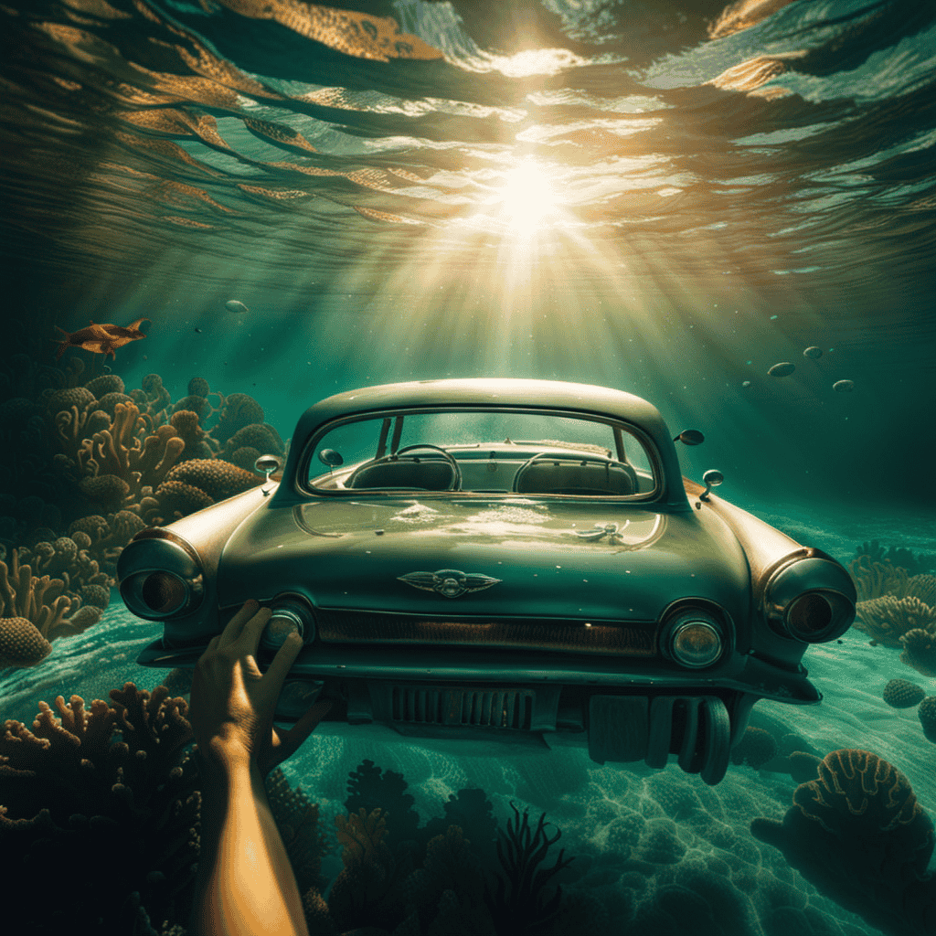 An image depicting a car submerged in water, with the driver's hands grasping the steering wheel, as sunlight pierces through the surface, revealing a vibrant underwater world flourishing with diverse marine life