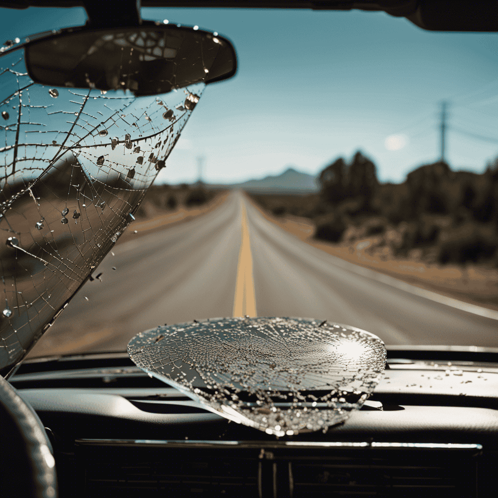 An image with a shattered windshield reflecting a twisted road ahead, while a dented car door reveals a hidden map of symbols: a broken compass, scattered coins, and a cracked rearview mirror