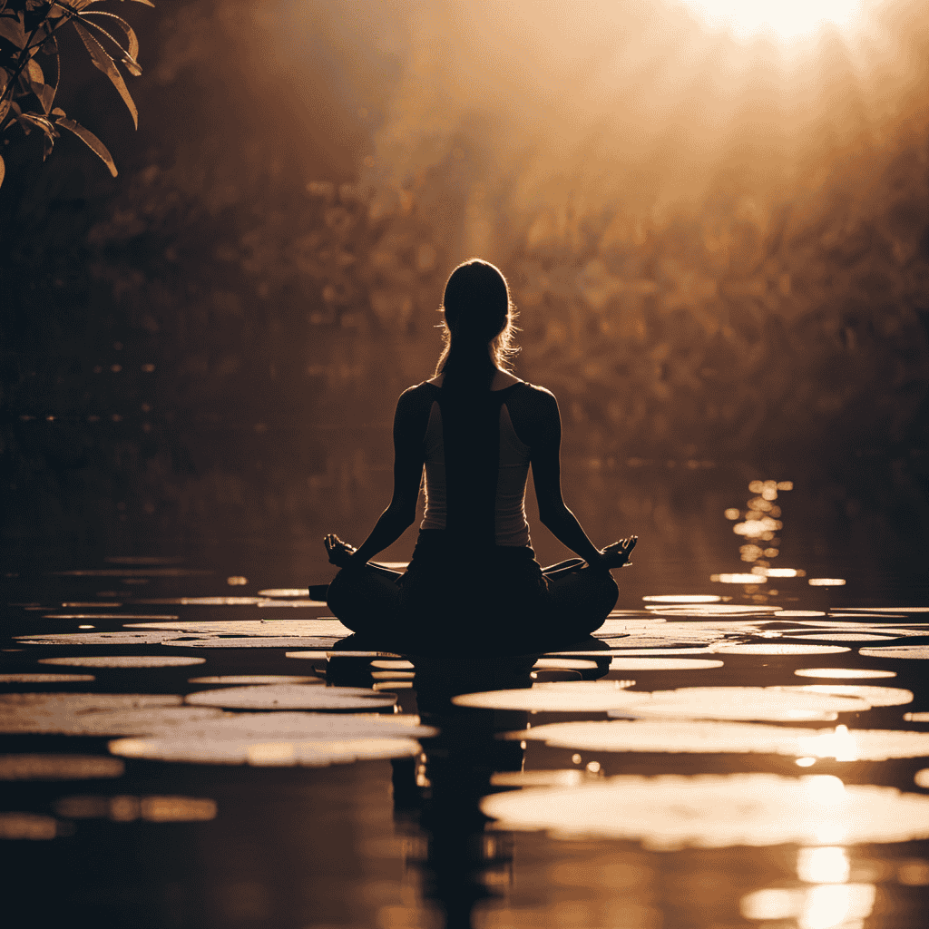 An image depicting a serene setting with a person comfortably seated in a lotus position, surrounded by a soft glow of light, while their closed eyes reflect a profound sense of tranquility