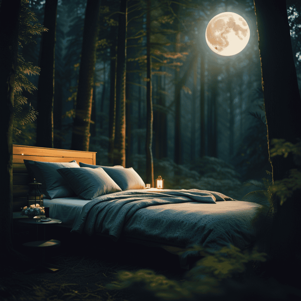 An image featuring a serene moonlit scene, with a cozy bed nestled amidst a lush forest