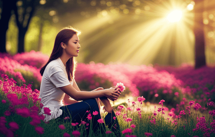 An image featuring a tranquil garden scene, with a person sitting under a tree, their eyes closed in deep concentration, surrounded by blooming flowers and rays of sunlight breaking through the leaves