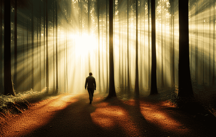 An image capturing a serene forest path, dappled in golden sunlight, where a solitary figure walks, enveloped in a vibrant aura of inner peace and enlightenment, symbolizing the profound transformation of a spiritual journey