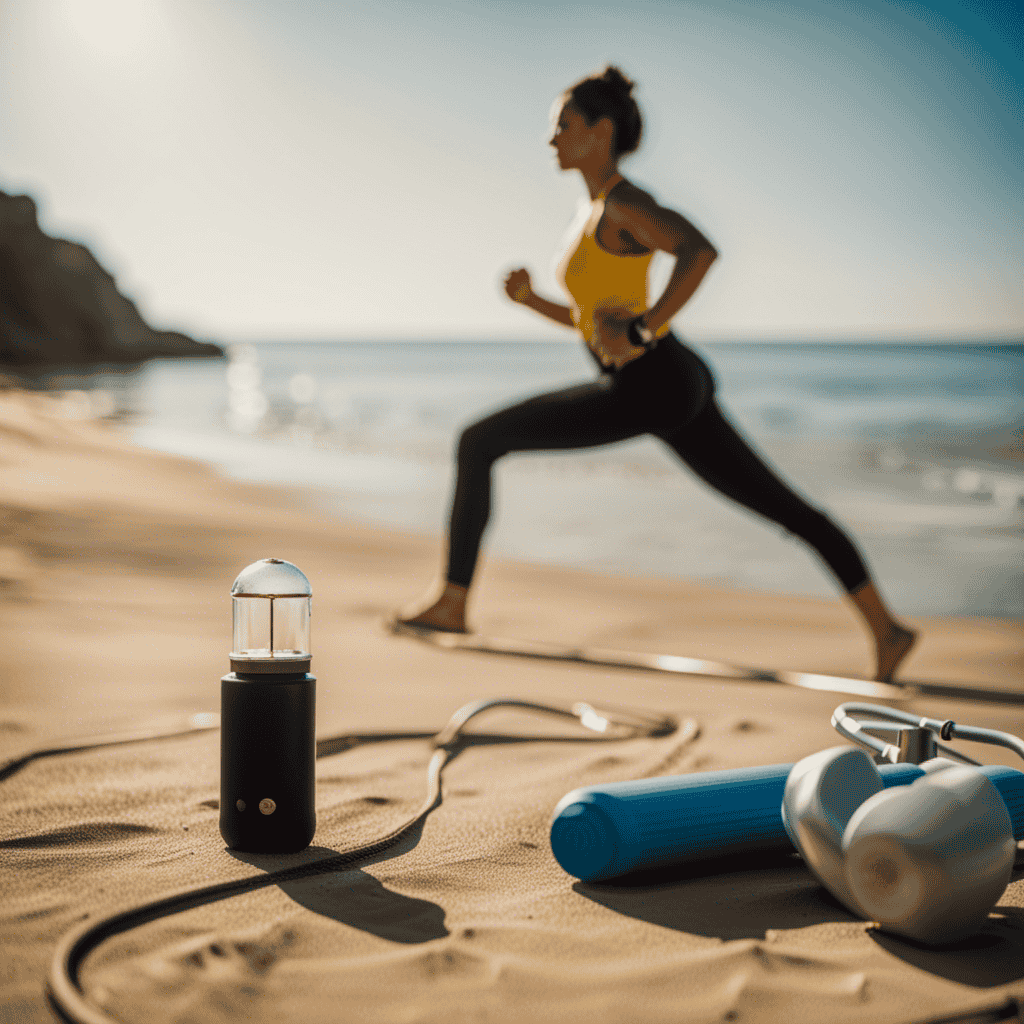 An image showcasing a serene beach scene, with a person engaging in physical activity, like yoga or jogging, surrounded by medical equipment and tools for monitoring blood pressure, emphasizing the importance of exercise and healthcare in managing high blood pressure