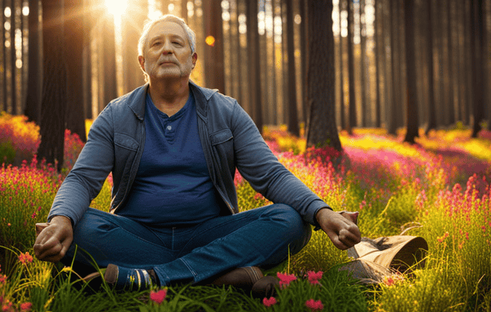 An image of a serene, sun-drenched forest clearing, where a person sits cross-legged in meditation, surrounded by vibrant wildflowers