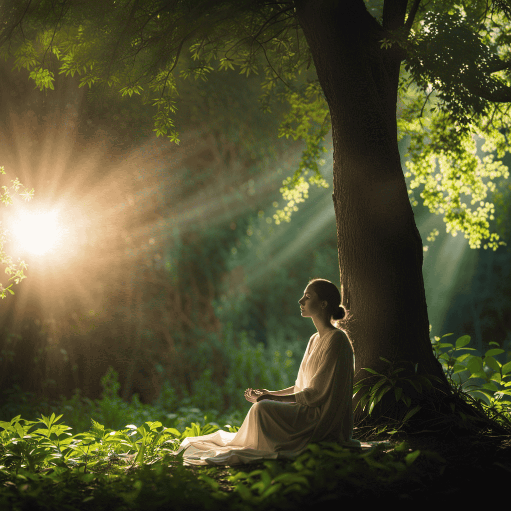 An image that portrays a serene, meditative setting with a solitary figure sitting amidst lush greenery, their closed eyes conveying deep inner peace, while vibrant rays of light gently illuminate their surroundings, symbolizing balance, insight, and healing