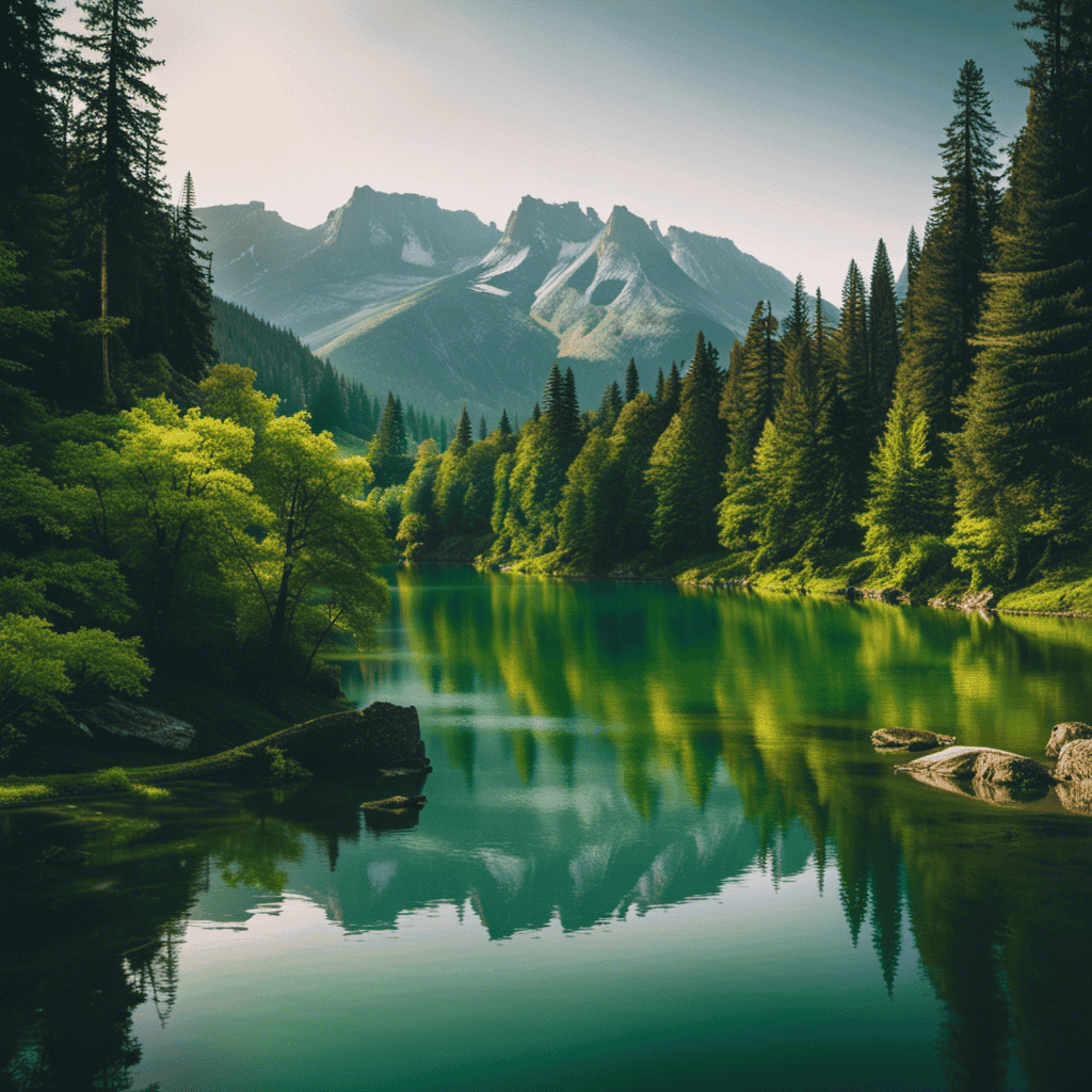 An image showcasing a serene and lush green forest with a tranquil lake nestled amidst towering mountains