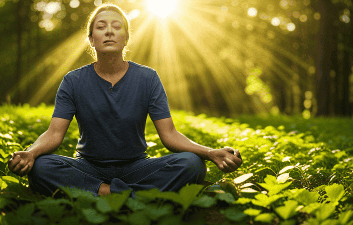 An image that captures the essence of humming meditation: a serene setting with soft golden sunlight filtering through lush green leaves, as a person sits cross-legged, eyes closed, emitting gentle vibrations and radiating tranquility