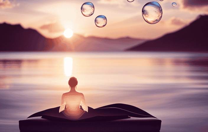 An image of a serene beach at sunset, with a person sitting cross-legged on a meditation cushion, eyes closed, surrounded by floating transparent bubbles representing different meditation apps, each emitting a gentle glow