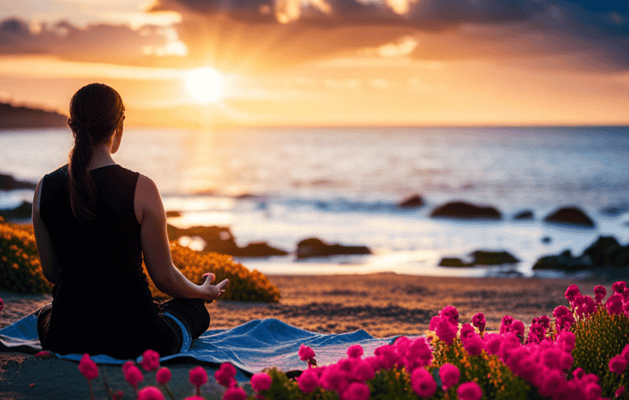 An image showcasing a serene sunset beach scene with a person meditating, surrounded by vibrant, blooming flowers, as rays of golden light illuminate their face, evoking a sense of inner strength and tranquility