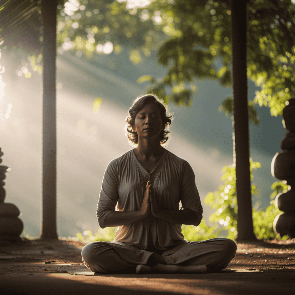 An image capturing the serenity of a meditator in a perfect lotus position, their back straight, hands resting on knees, eyes closed, surrounded by soft, ethereal light and a tranquil natural backdrop