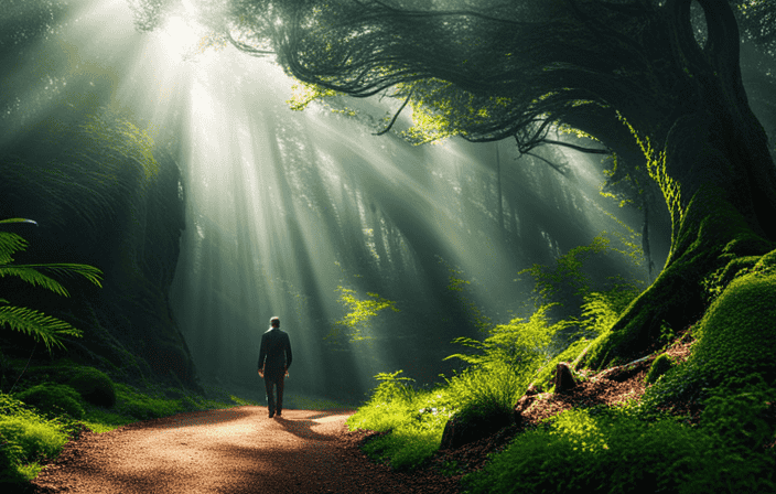 An image showcasing a serene forest path, dappled with sunlight filtering through the foliage