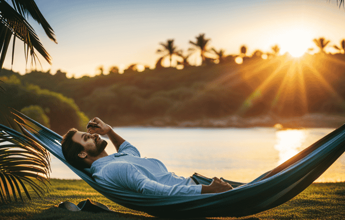 An image capturing the essence of relaxation with CBD oil: a serene scene of a person reclining on a hammock under a palm tree, surrounded by gentle waves and soft sunlight filtering through lush green leaves